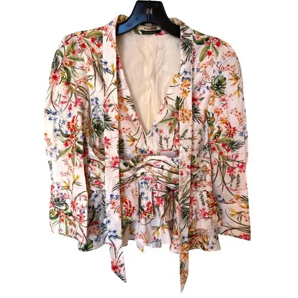 Hellessy Fitted Tie Front Floral Blouse with Ruffled Peplum Plunging V Neck s 2 - Picture 2 of 16